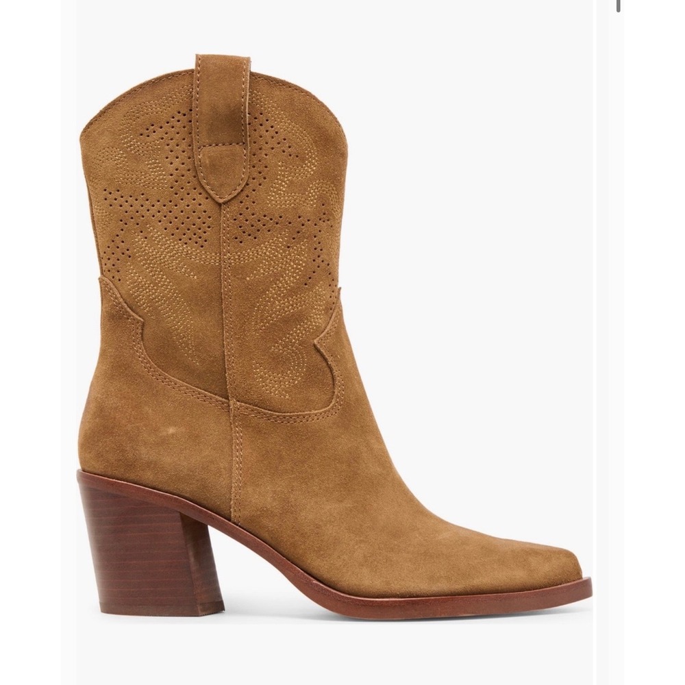 Dolce Vita Klint Tan Suede Western Ankle Boots Perforated Stitching Womens 5.5